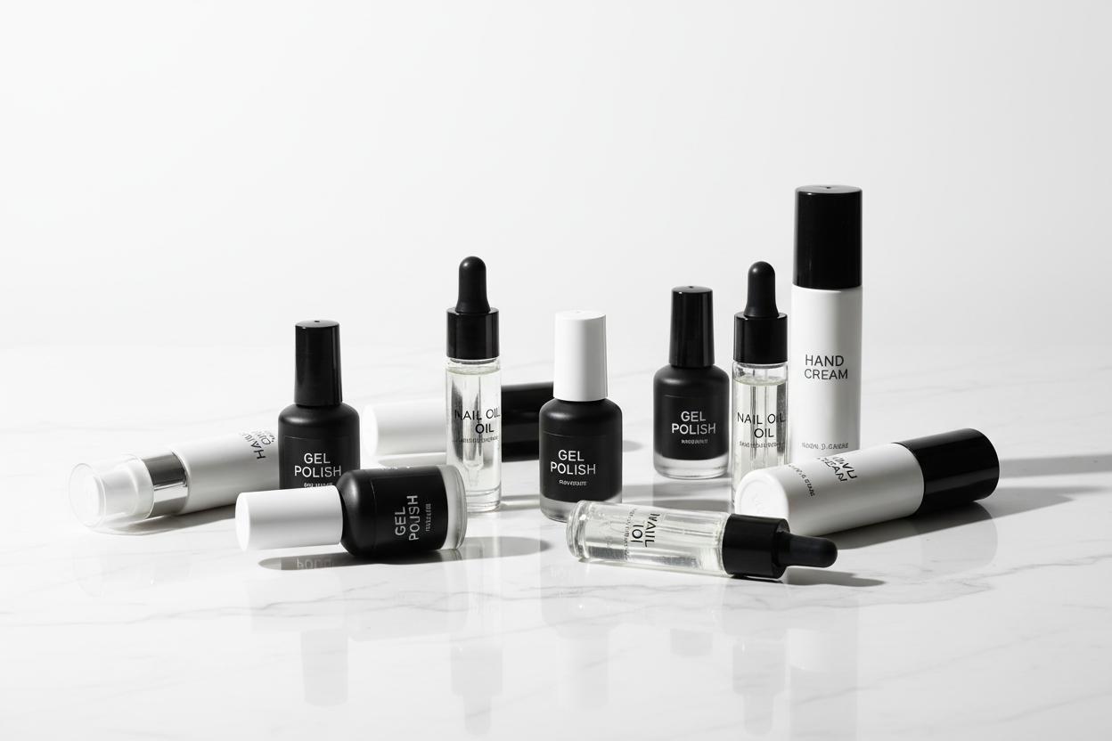 erstelle mir Schwarze und weiße Gelpolish flaschen, sie wie nagelöl fläschchen und Handcreme Airlessspender in weiß auf den Tisch liegend verteilt. 