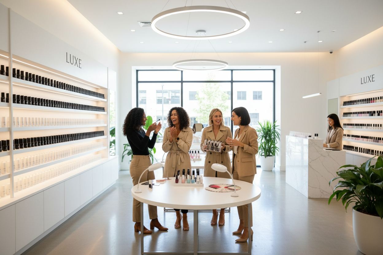 ladengeschäft mit Produkten wie Gelpolish in weißer und schwarzer flasche und kunden die sich freuen 